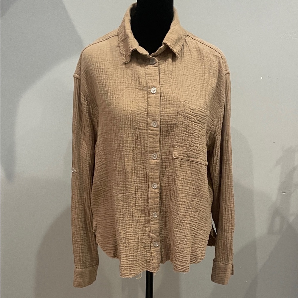Tan Button-Up Shirt with a tattered look small